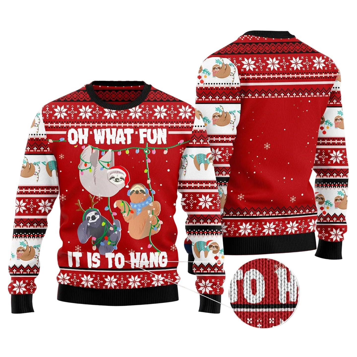 A red Christmas sweater shown from the front and back on a gray textured background, with a circular inset zooming into the knit pattern. The sweater features sloths in holiday outfits, snowflakes, and the text 'ON WHAT FUN IT IS TO HANG'.