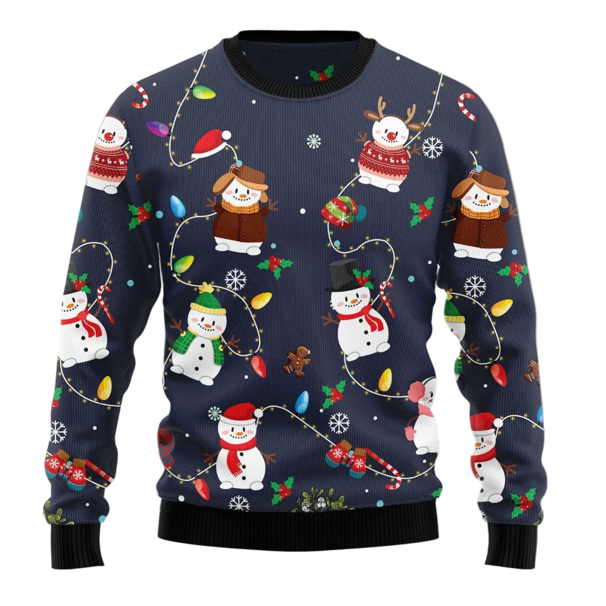 Snowman Christmas Lights Ugly Christmas Sweater, Festive Winter Holiday Party Outfit for Men and Women