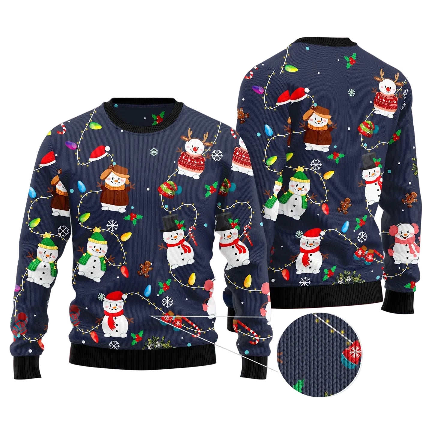 Snowman Christmas Lights Ugly Christmas Sweater, Festive Winter Holiday Party Outfit for Men and Women