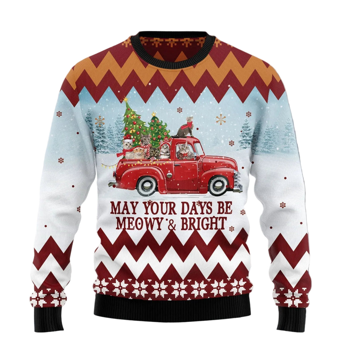 Cat Red Truck Ugly Christmas Sweater, Festive Winter Party Outfit for Cat Lovers, Holiday Pullover for Adults