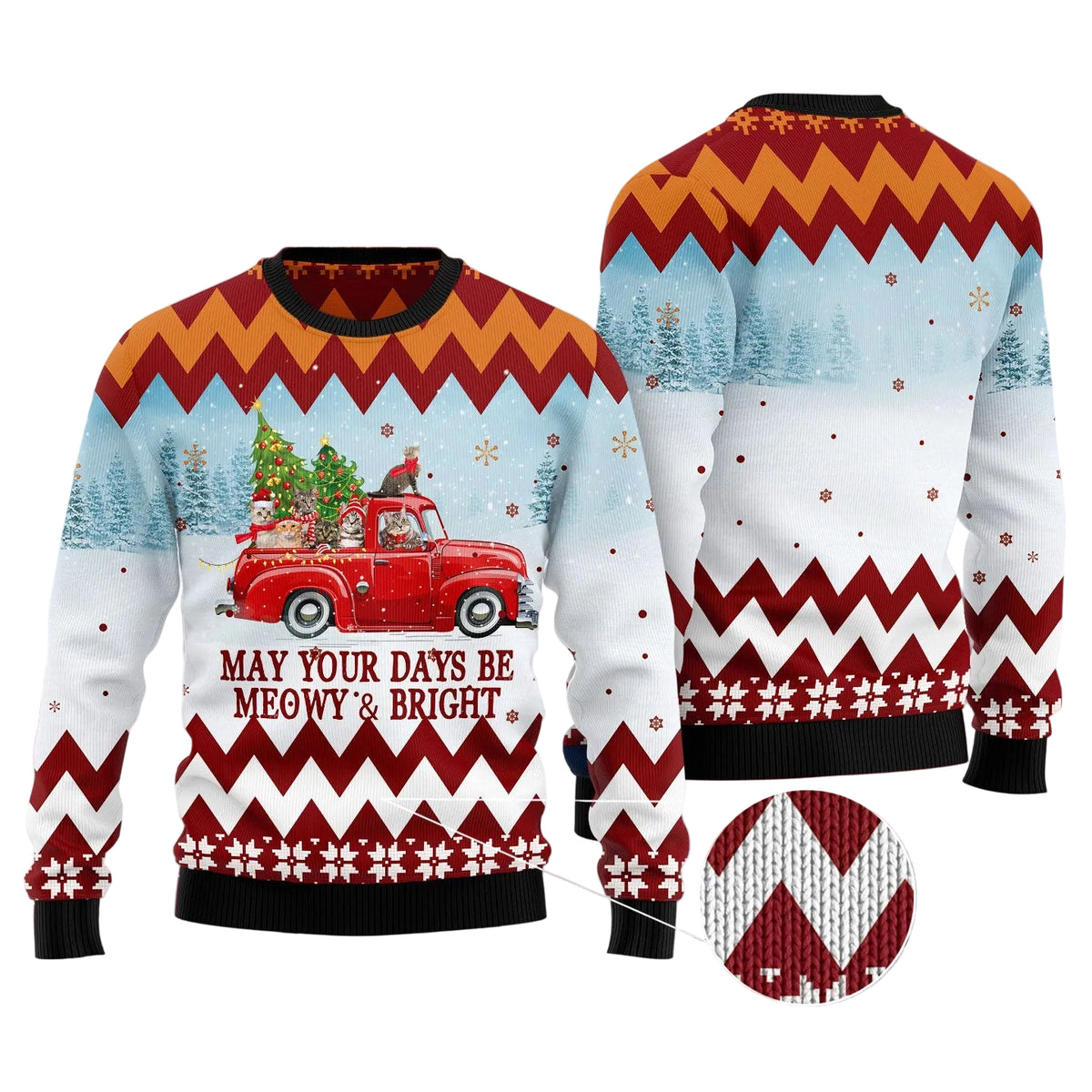 Cat Red Truck Ugly Christmas Sweater, Festive Winter Party Outfit for Cat Lovers, Holiday Pullover for Adults