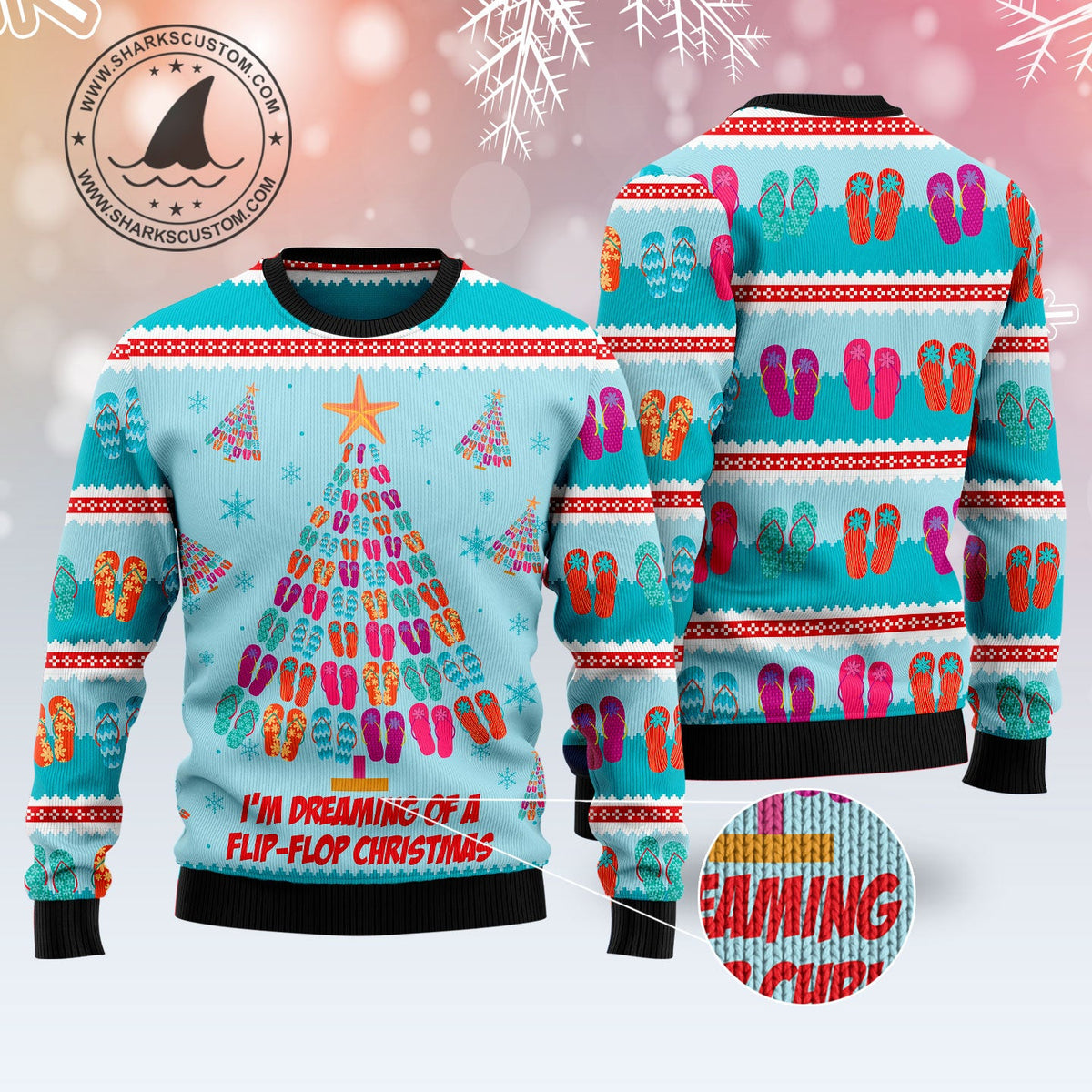 Flip Flops Christmas Tree Ugly Christmas Sweater, Tropical Beach Tree Holiday Pullover for Beach Lovers and Summer Fans