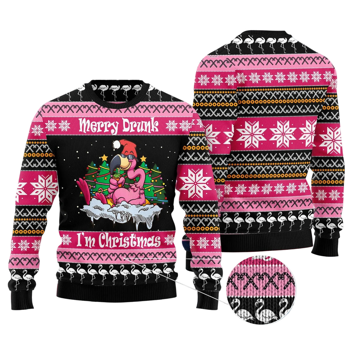 Drunk Christmas Flamingo Ugly Christmas Sweater, Funny Tropical Pullover for Flamingo Lovers, Fun Xmas Party Clothing