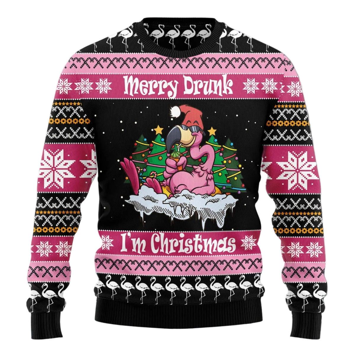 Drunk Christmas Flamingo Ugly Christmas Sweater, Funny Tropical Pullover for Flamingo Lovers, Fun Xmas Party Clothing