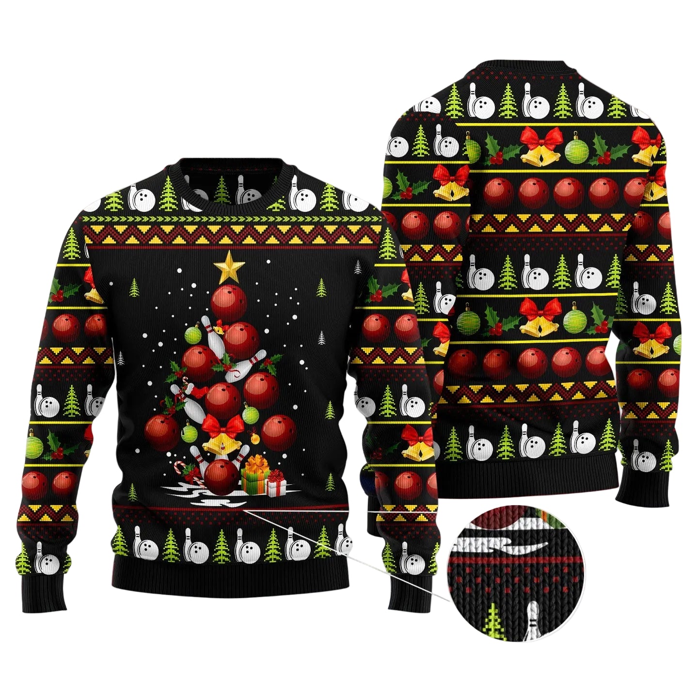 Bowling Christmas Tree Ugly Christmas Sweater, Bowling Pin Tree Art Holiday Pullover for Bowlers and Bowling Fans