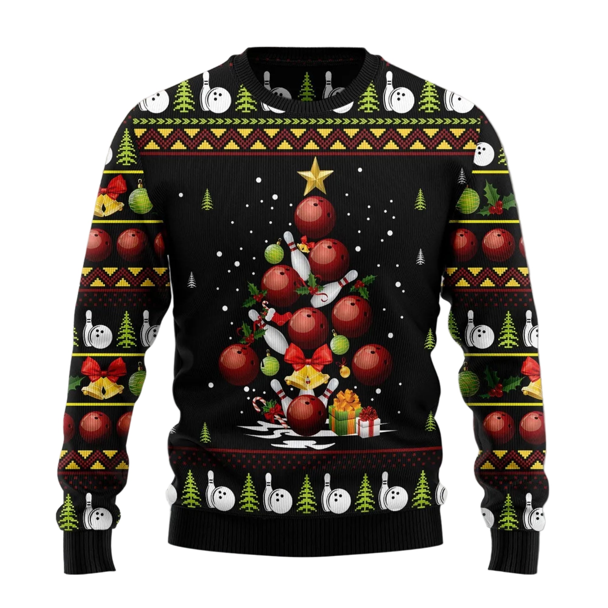 Bowling Christmas Tree Ugly Christmas Sweater, Bowling Pin Tree Art Holiday Pullover for Bowlers and Bowling Fans