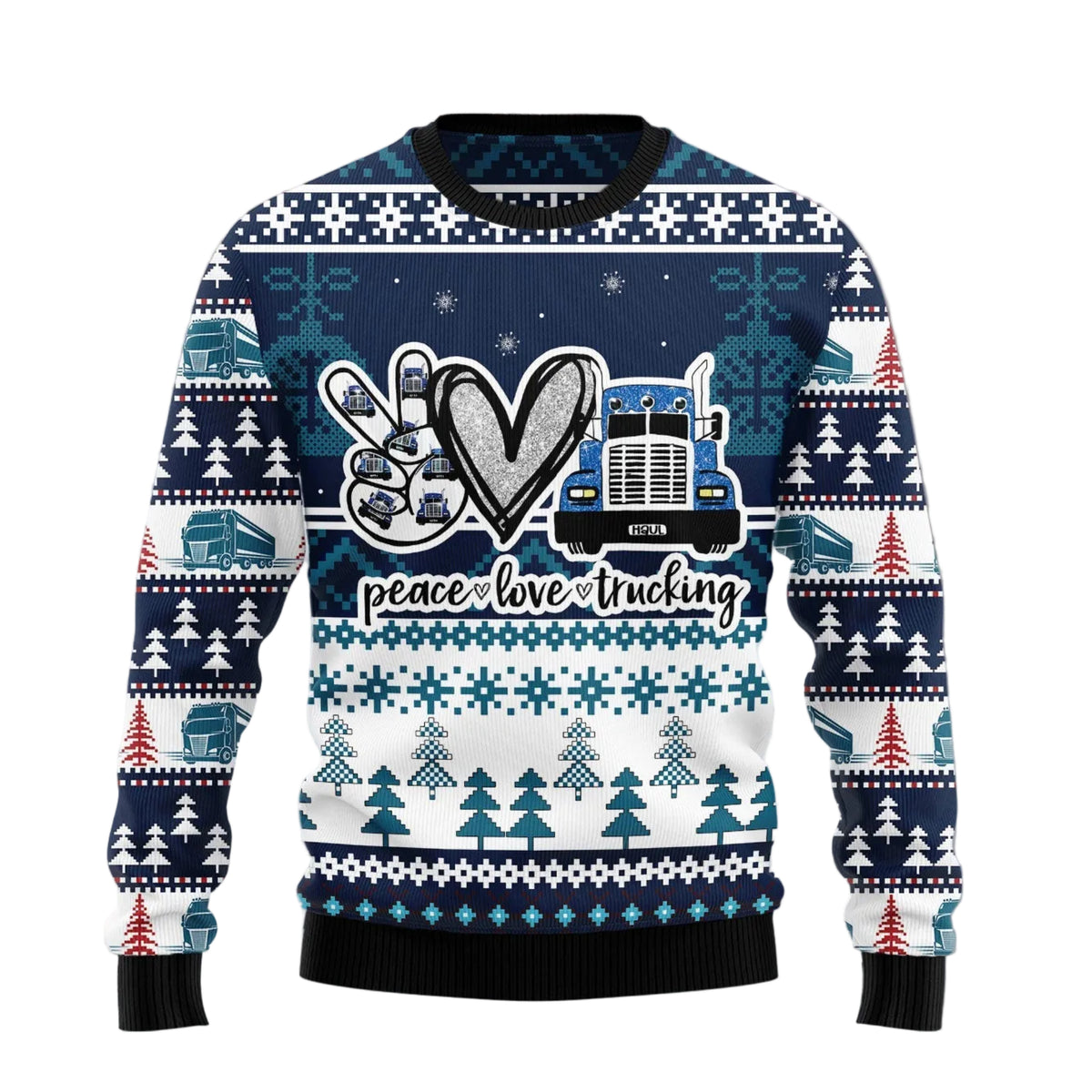 Peace Love Truck Ugly Christmas Sweater, Truck Lover Holiday Sweater for Men and Women, Funny Xmas Party Look