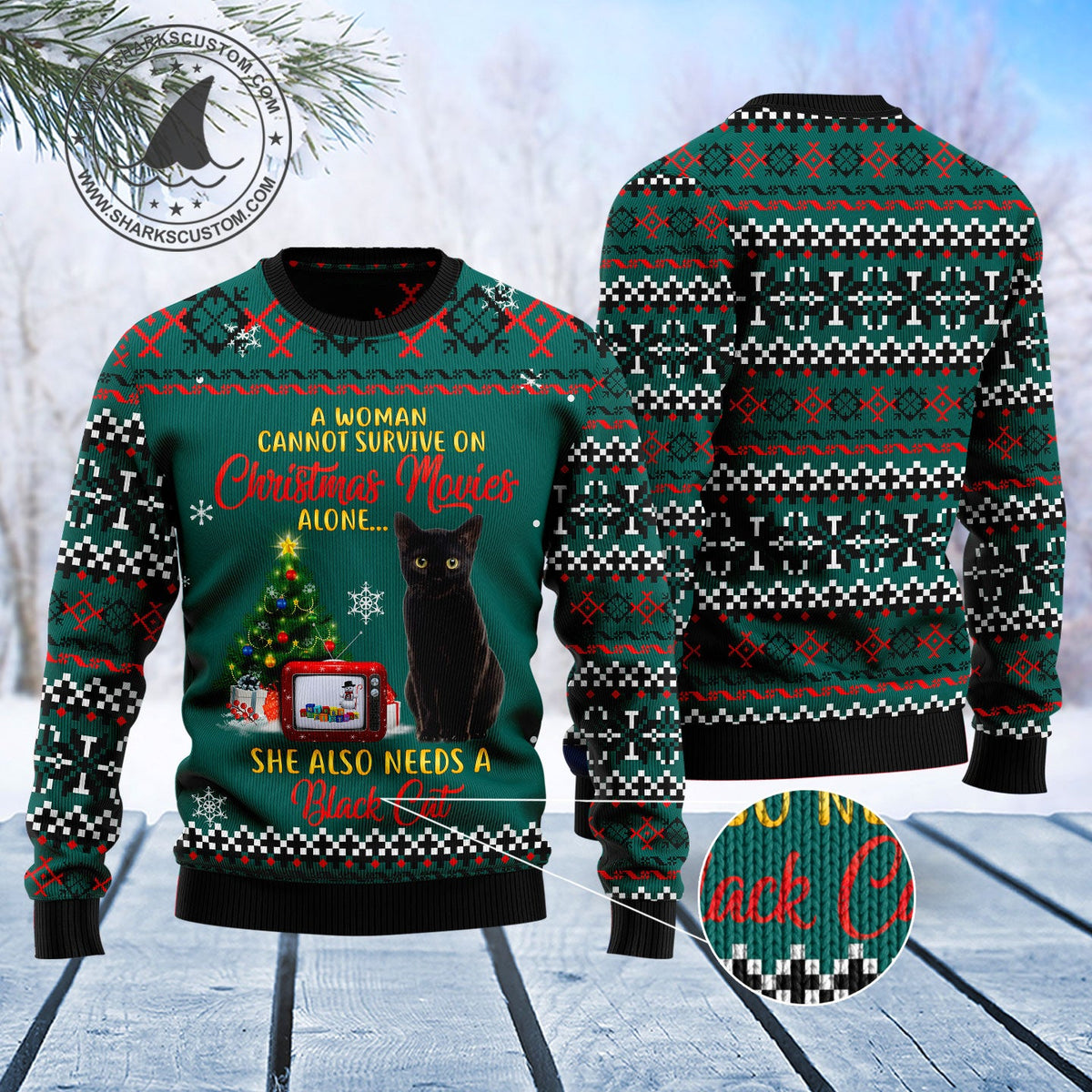 Black Cat Christmas Movie Ugly Christmas Sweater | Unisex Holiday Party Outfit | Holiday Gift and Party Apparel
