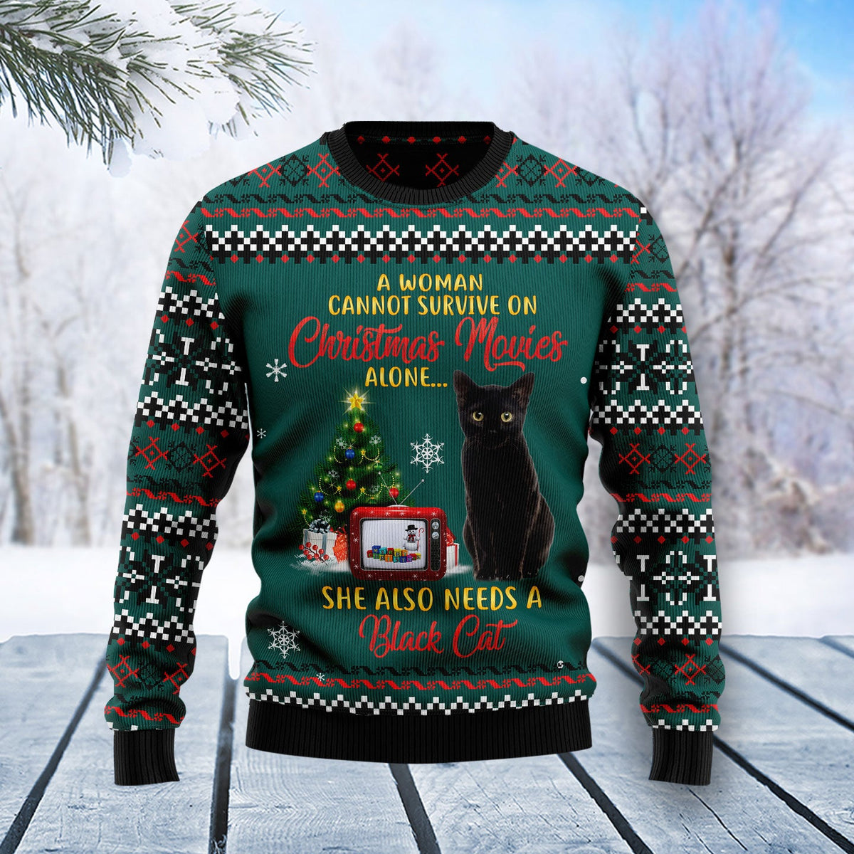 Black Cat Christmas Movie Ugly Christmas Sweater | Unisex Holiday Party Outfit | Holiday Gift and Party Apparel