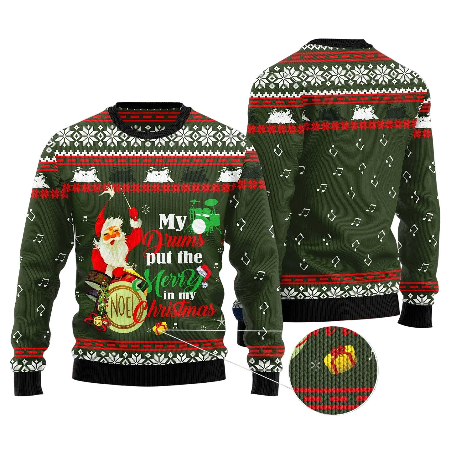 Santa and Drum Ugly Christmas Sweater, Musical Holiday Pullover, Holiday Gatherings and Family Photos