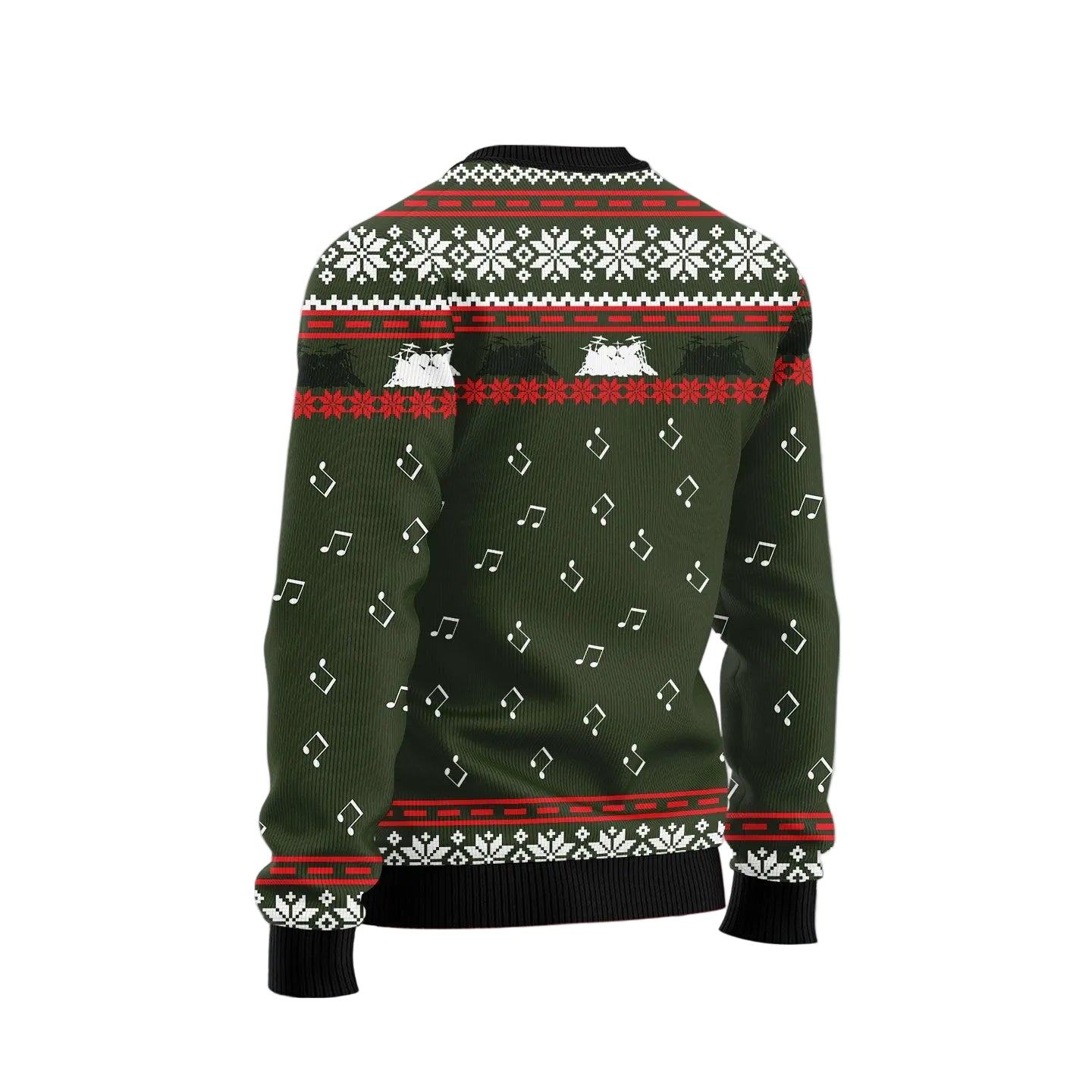 A dark green long-sleeve sweater with a festive Christmas pattern, featuring red and white snowflake and snow-castle motifs, displayed on a wooden table with a snowy forest background.