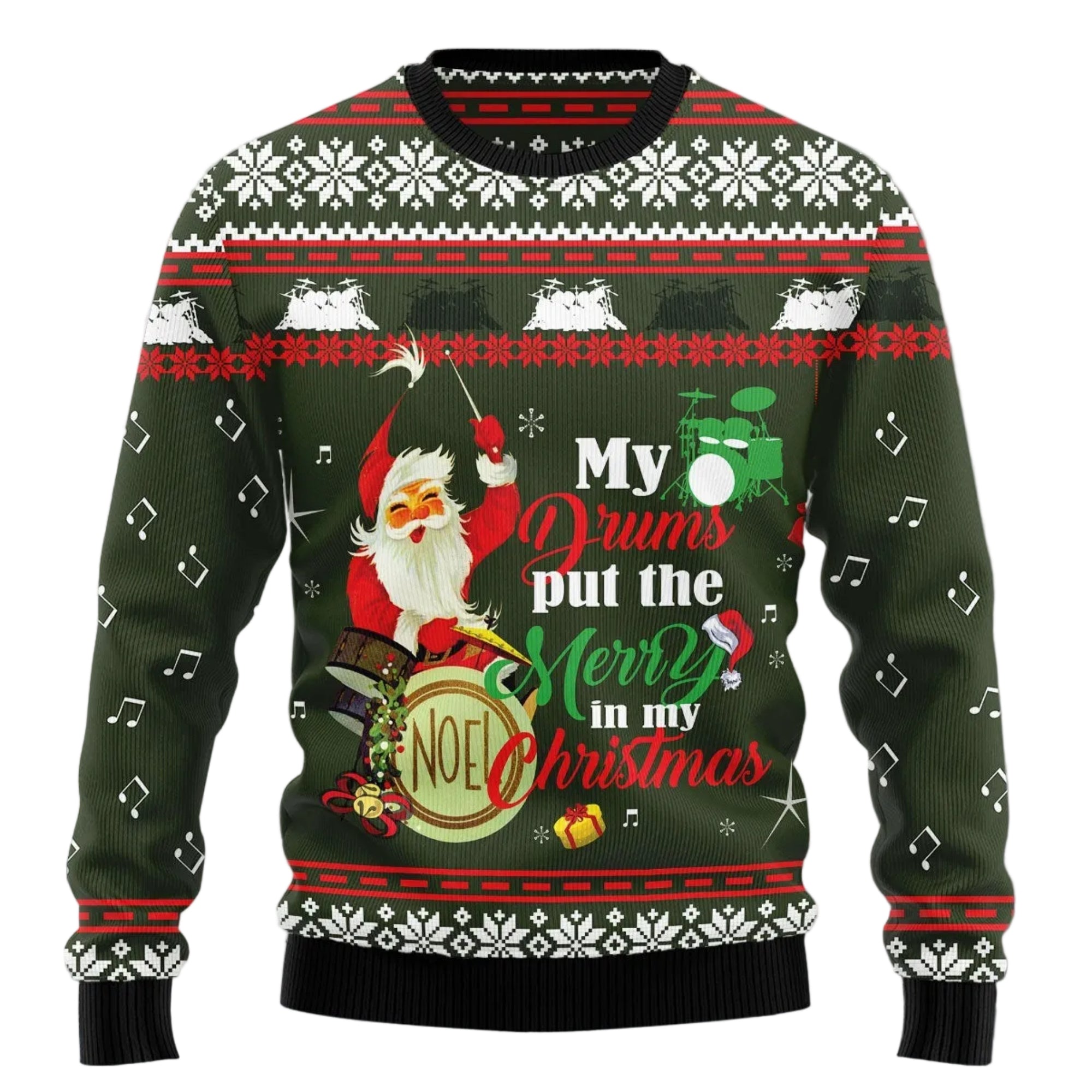 Santa and Drum Ugly Christmas Sweater, Musical Holiday Pullover, Holiday Gatherings and Family Photos