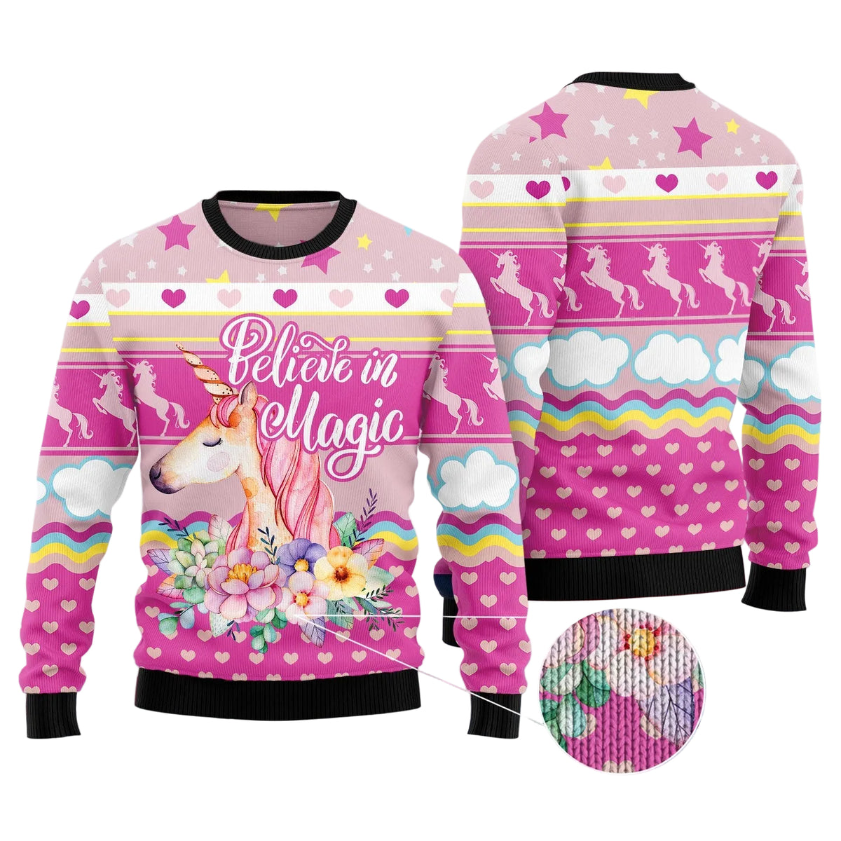 Unicorn Believe in Magic Ugly Christmas Sweater, Magical Unicorn Holiday Print, Seasonal Gift for Unicorn Lovers