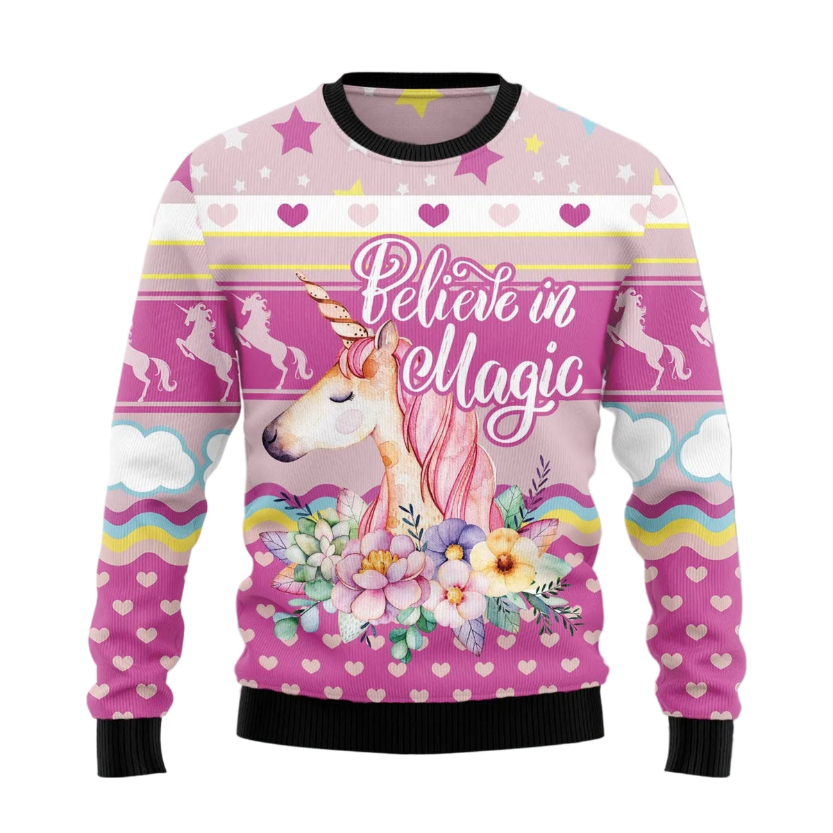 Unicorn Believe in Magic Ugly Christmas Sweater, Magical Unicorn Holiday Print, Seasonal Gift for Unicorn Lovers