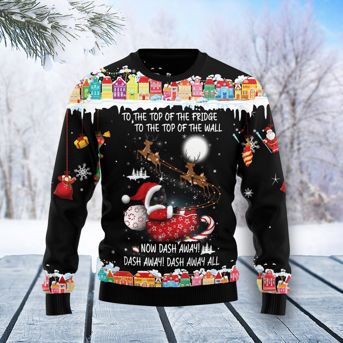 Black Cat Sleigh Ugly Christmas Sweater | All-Over Print for Cat Lovers | Plus Size Party Outfit for Cat Lovers