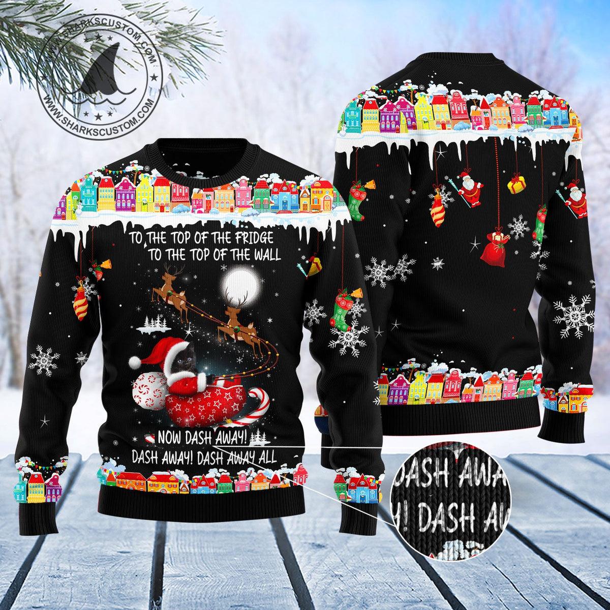 Black Cat Sleigh Ugly Christmas Sweater | All-Over Print for Cat Lovers | Plus Size Party Outfit for Cat Lovers