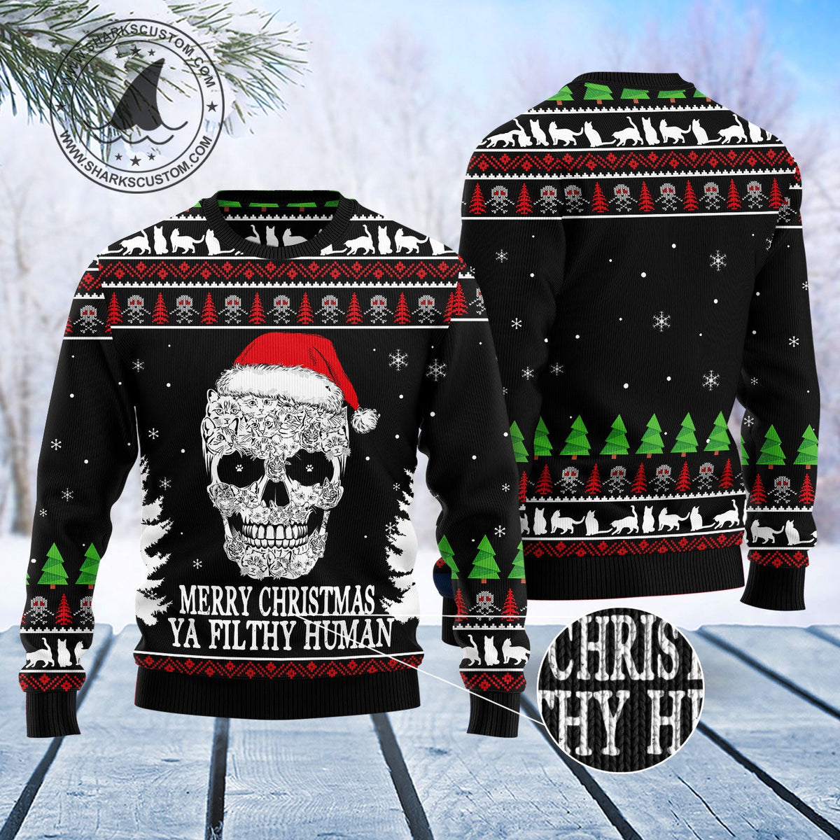 Cat Skull Santa Ugly Christmas Sweater | Festive Party Top for Cat Lovers | Fun Gift for Cat Lovers and Friends