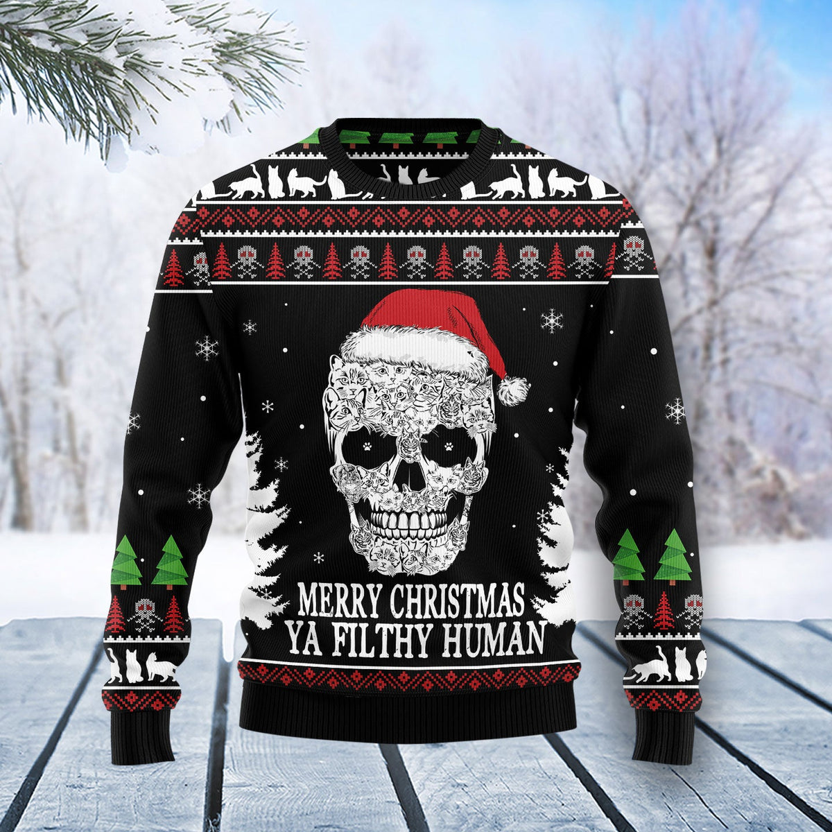 Cat Skull Santa Ugly Christmas Sweater | Festive Party Top for Cat Lovers | Fun Gift for Cat Lovers and Friends