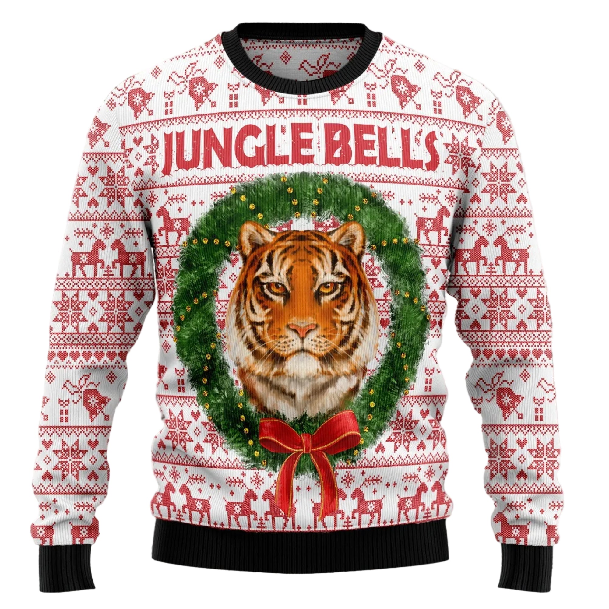 A long-sleeve Christmas sweater with a white base, red holiday pattern, and a large central graphic of a tiger inside a green wreath with a red bow. The words 'JUNGLE BELLS' are printed across the chest.