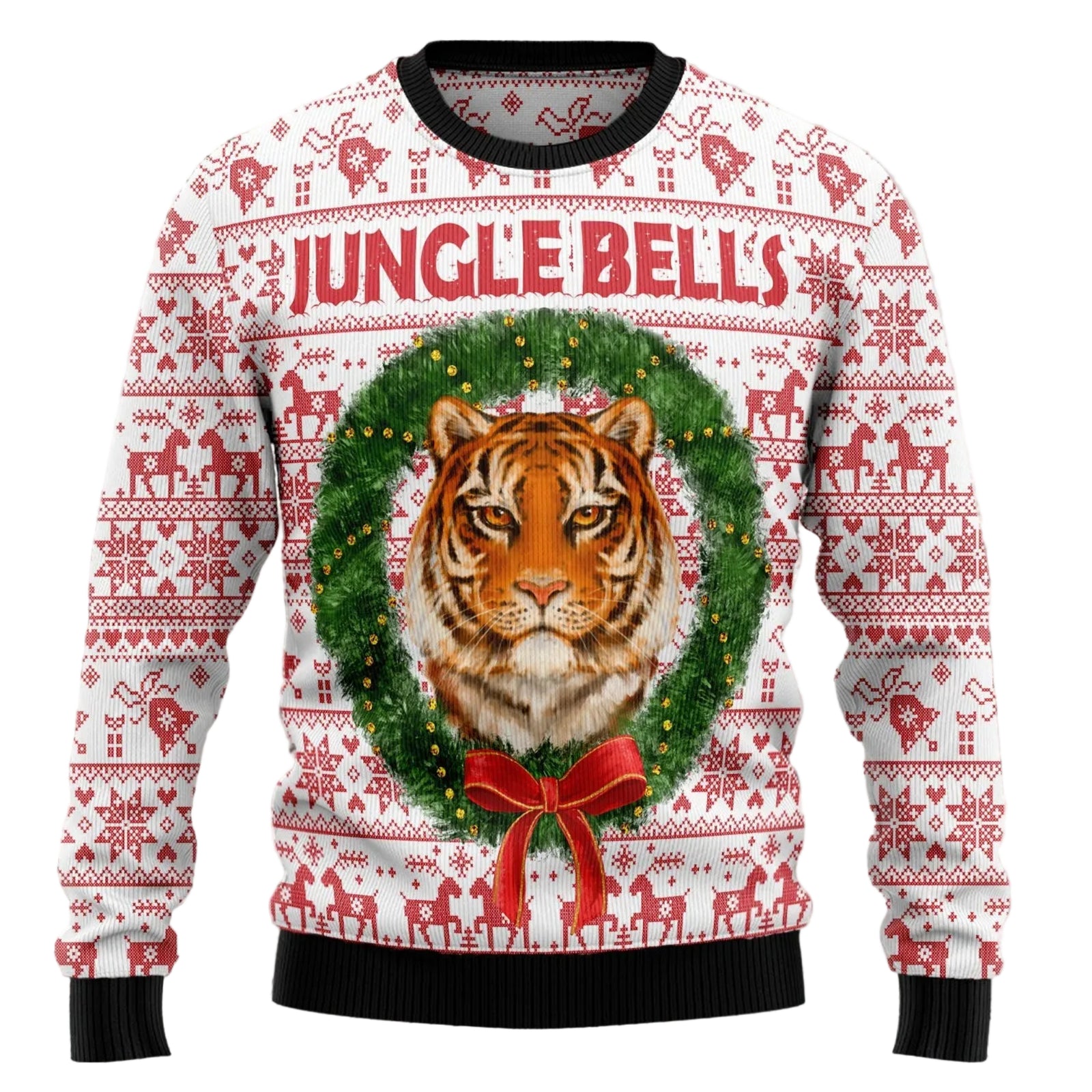 A long-sleeve Christmas sweater with a white base, red holiday pattern, and a large central graphic of a tiger inside a green wreath with a red bow. The words 'JUNGLE BELLS' are printed across the chest.