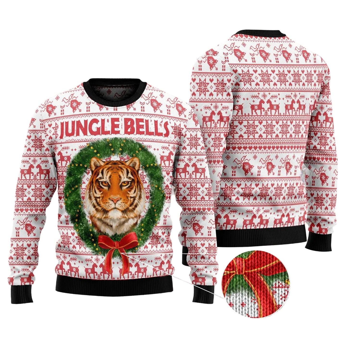 A festive Christmas sweater shown from the front and back on a ghost mannequin, featuring a white base with red holiday patterns, a large green wreath, and a tiger face in the center. The text 'JUNGLE BELLS' is printed across the chest.