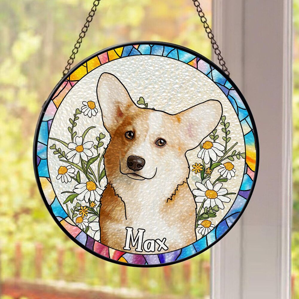 Custom Hand-drawn Pet Portrait Floral Stained Glass Window Hanging Suncatcher - Sympathy Gift For Pet Owners