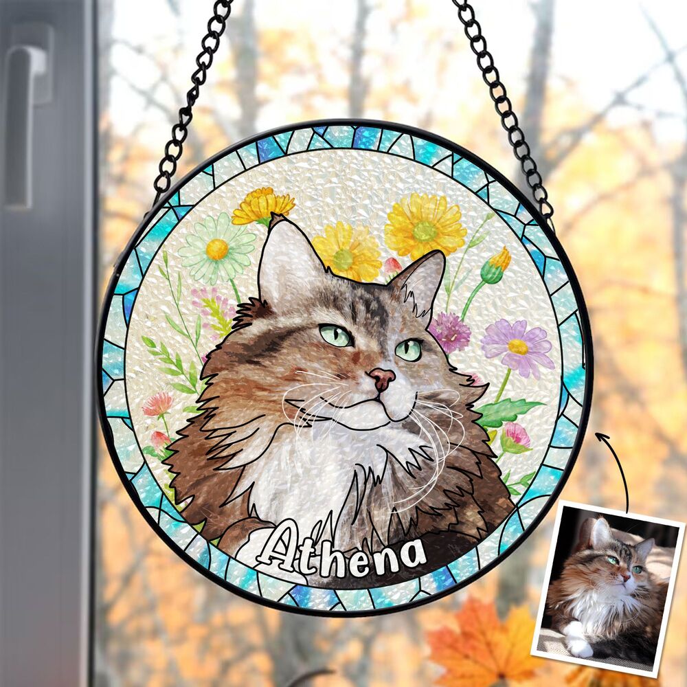 Custom Hand-drawn Pet Portrait Floral Stained Glass Window Hanging Suncatcher - Sympathy Gift For Pet Owners