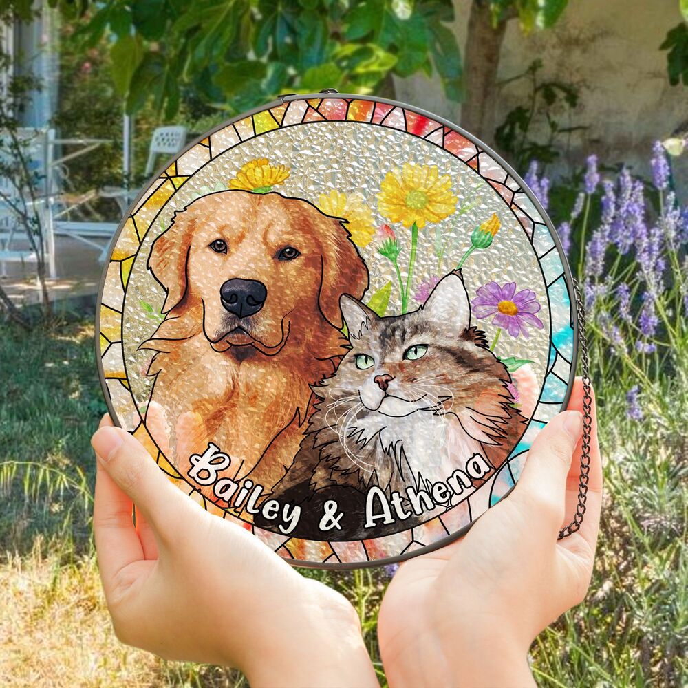 Custom Hand-drawn Pet Portrait Floral Stained Glass Window Hanging Suncatcher - Sympathy Gift For Pet Owners