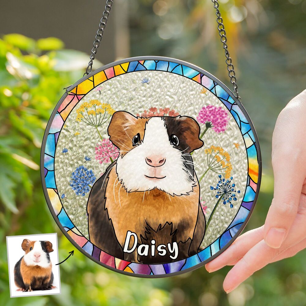 Custom Hand-drawn Pet Portrait Floral Stained Glass Window Hanging Suncatcher - Sympathy Gift For Pet Owners