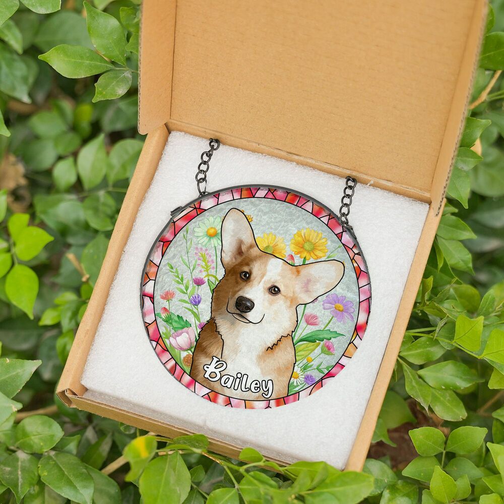 Custom Hand-drawn Pet Portrait Floral Stained Glass Window Hanging Suncatcher - Sympathy Gift For Pet Owners