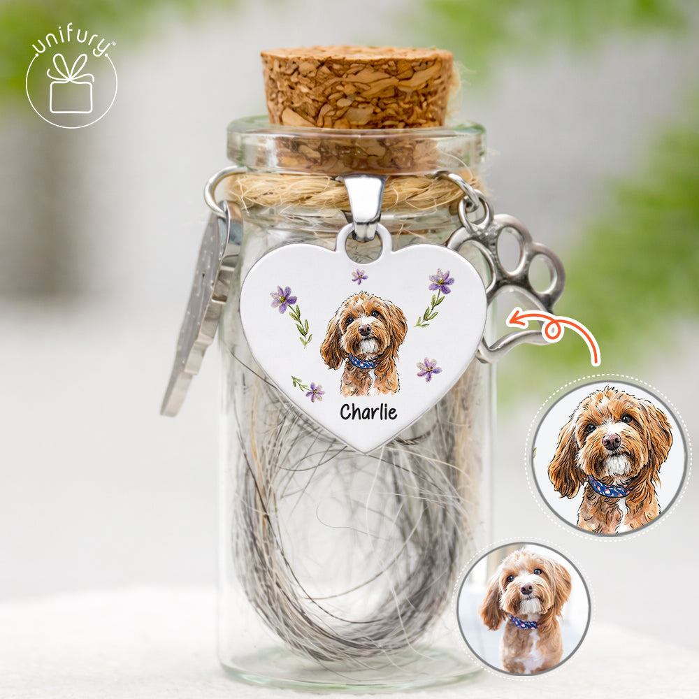 Custom Flower Pet Portrait Memorial Glass Pet Fur Jar - Custom Floral Photo Pet Hair Keepsake Bottle - Memorial Gifts For Pet Lovers