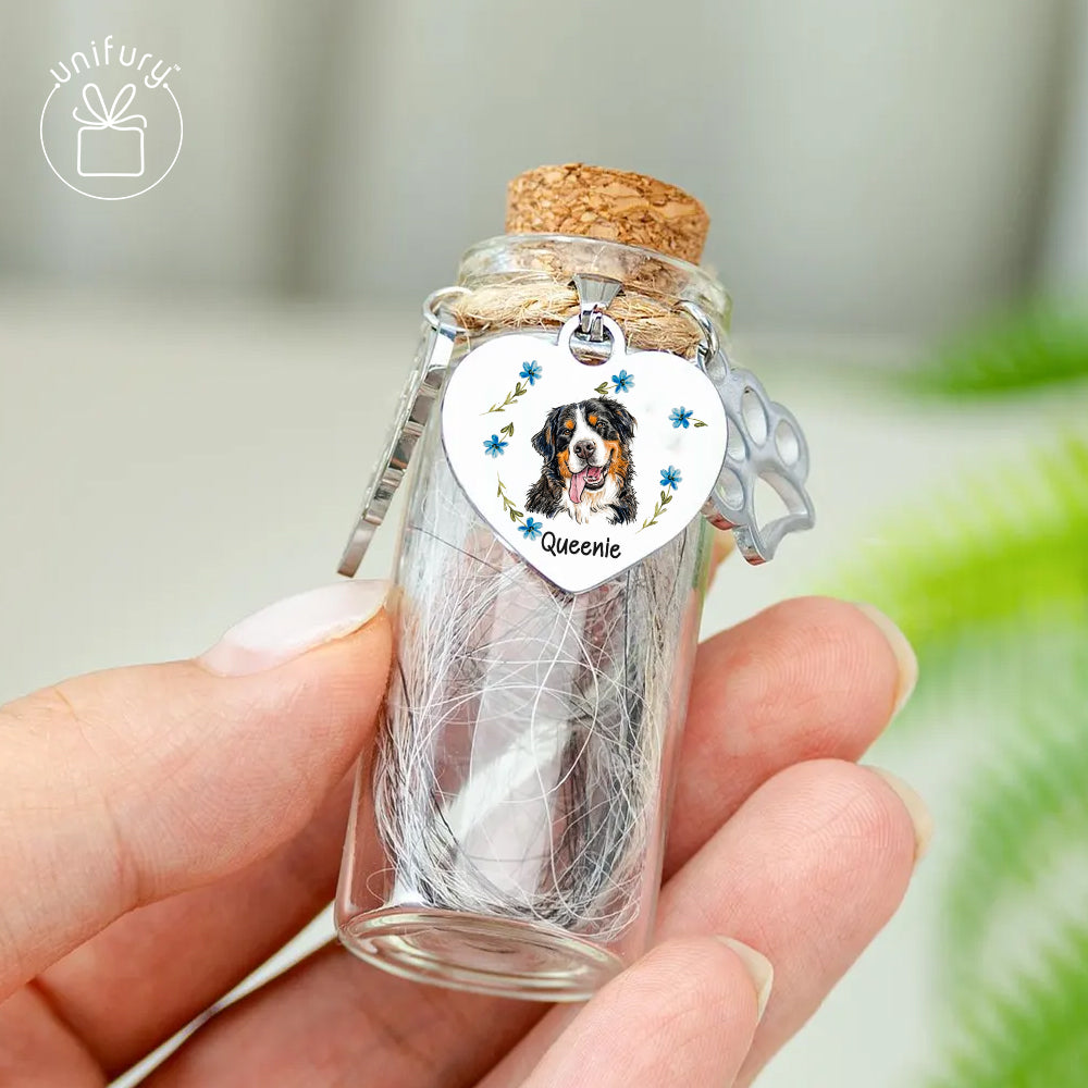 Custom Flower Pet Portrait Memorial Glass Pet Fur Jar - Custom Floral Photo Pet Hair Keepsake Bottle - Memorial Gifts For Pet Lovers