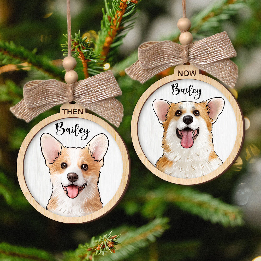 Custom Then And Now Pet Portrait Circle Wooden Ornament