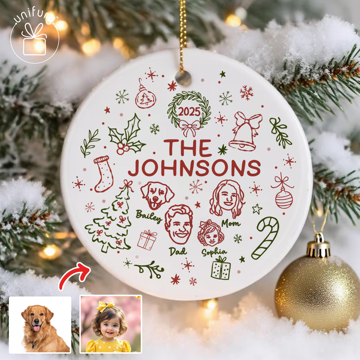 Custom Lineart Drawing Family Pet Ornament Ceramic Ornament - Family Ornament - Gifts For Dog Cat Lovers