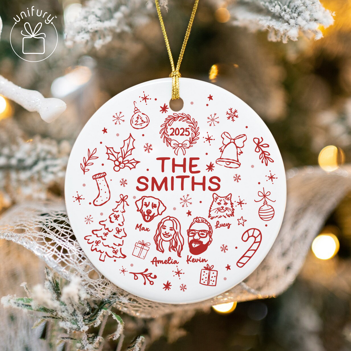 Custom Lineart Drawing Family Pet Ornament Ceramic Ornament - Family Ornament - Gifts For Dog Cat Lovers