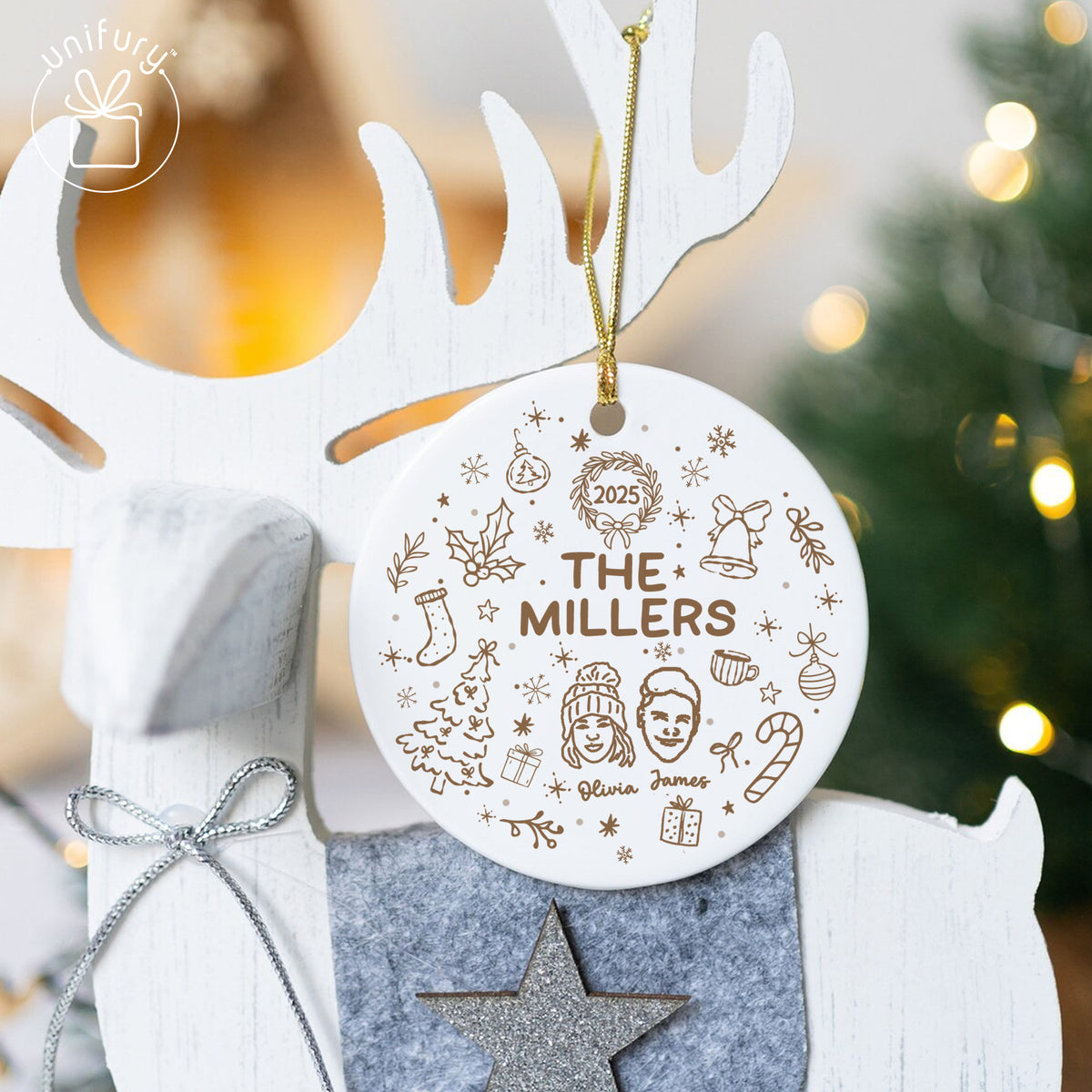 Custom Lineart Drawing Family Pet Ornament Ceramic Ornament - Family Ornament - Gifts For Dog Cat Lovers
