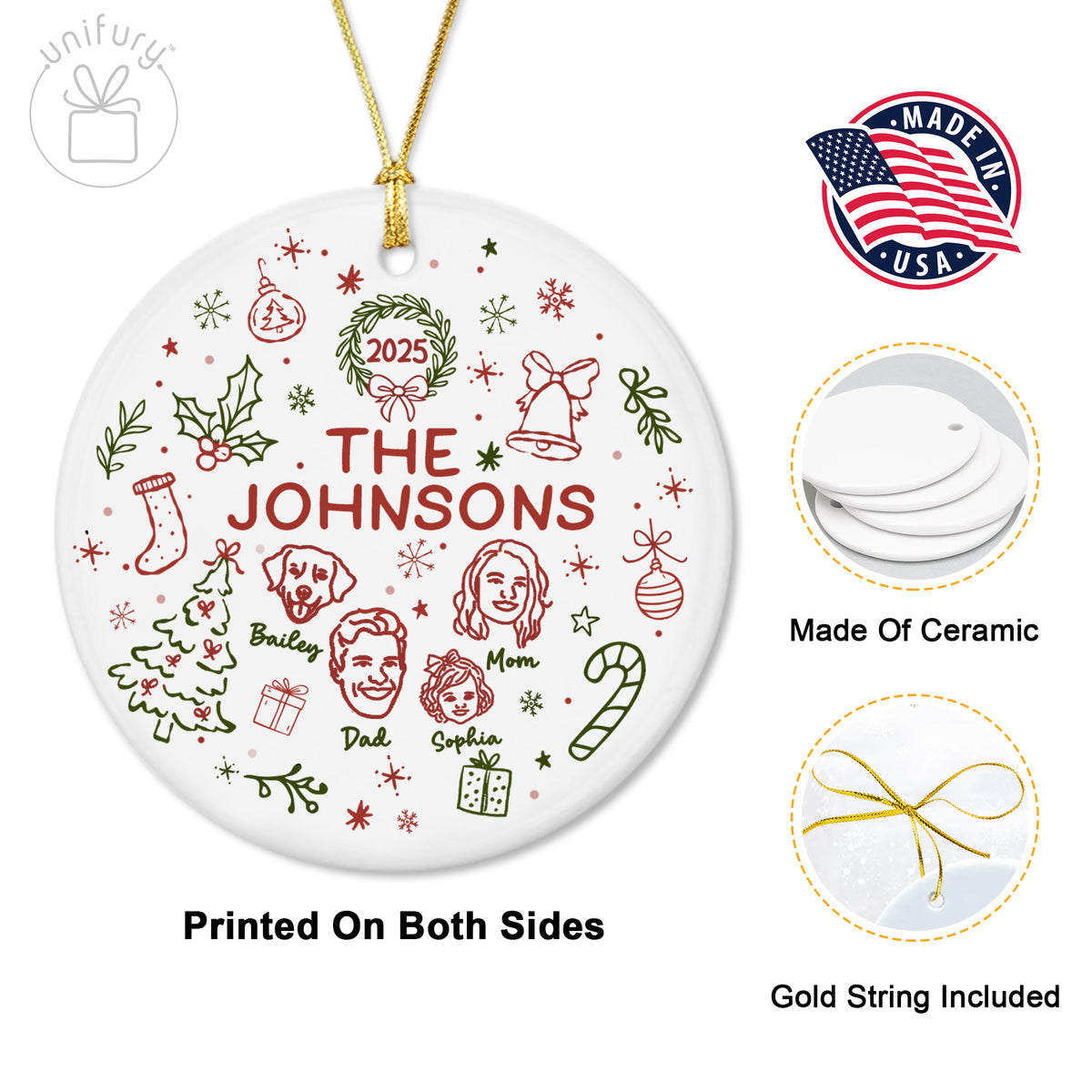 Custom Lineart Drawing Family Pet Ornament Ceramic Ornament - Family Ornament - Gifts For Dog Cat Lovers
