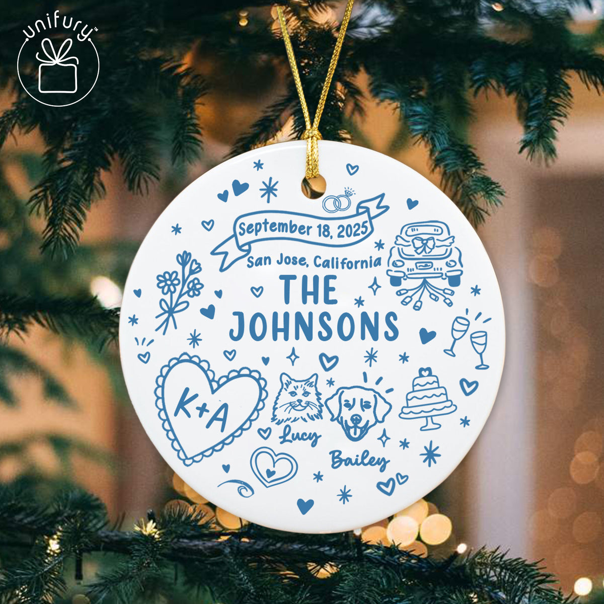 Custom Married Ornament Circle Ceramic Ornament - Married Gifts - Wedding Gifts For Dog Cat Lovers