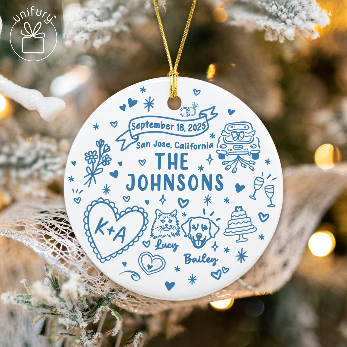 Custom Married Ornament Circle Ceramic Ornament - Married Gifts - Wedding Gifts For Dog Cat Lovers