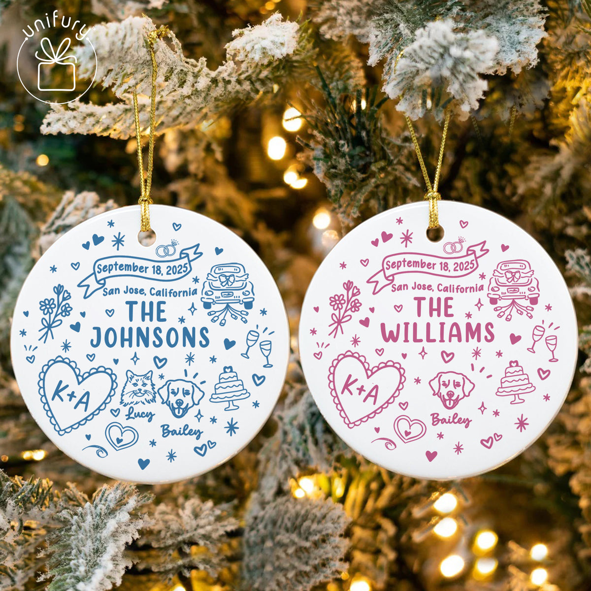 Custom Married Ornament Circle Ceramic Ornament - Married Gifts - Wedding Gifts For Dog Cat Lovers