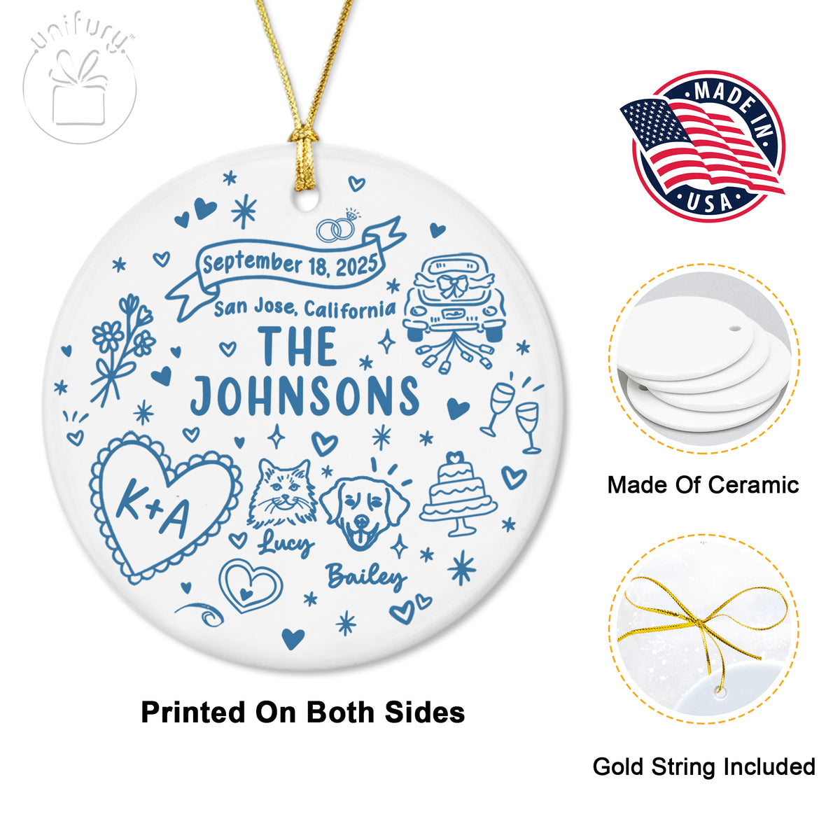 Custom Married Ornament Circle Ceramic Ornament - Married Gifts - Wedding Gifts For Dog Cat Lovers