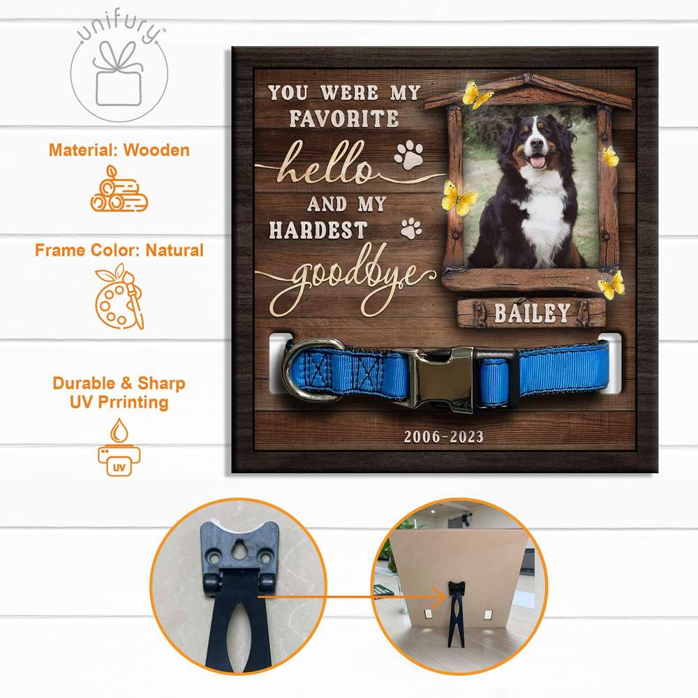 Favorite Hello Hardest Goodbye Personalized Memorial Wooden Pet Collar Frame