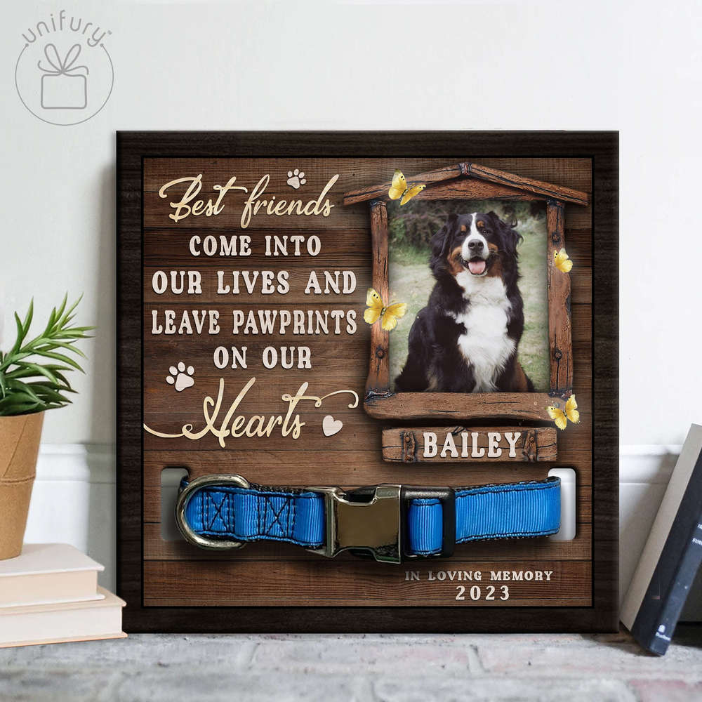 Pawprints On Our Hearts Personalized Memorial Wooden Pet Collar Frame