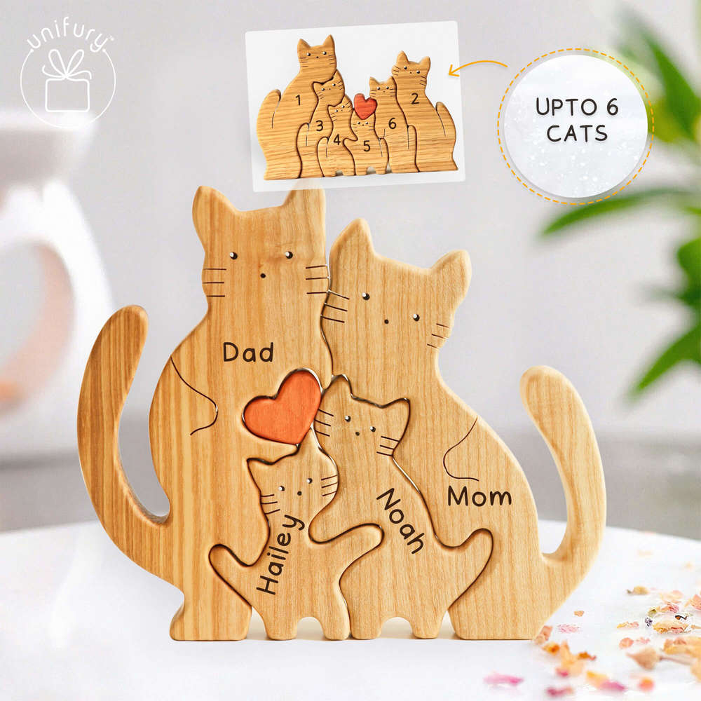 Cat Family Puzzle Wooden Family Custom Name Home Decor - Unifury