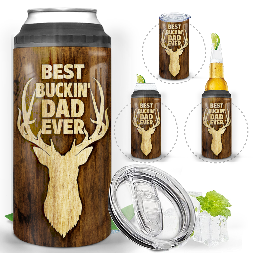 Personalized Dad 4-in-1 Can Cooler - 12oz Insulated Stainless Steel Can Coozie - Best Buckin&#39; Dad Ever - Dark Brown