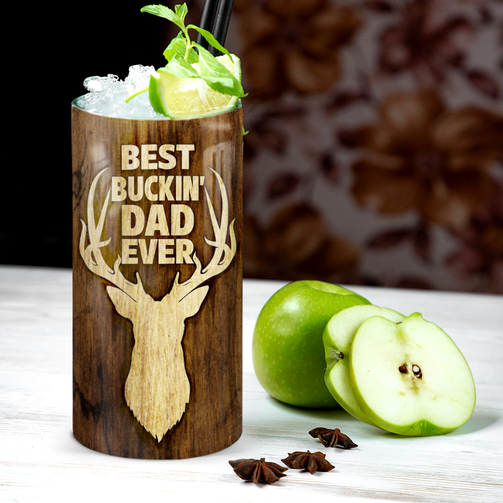 Personalized Dad 4-in-1 Can Cooler - 12oz Insulated Stainless Steel Can Coozie - Best Buckin&#39; Dad Ever - Dark Brown