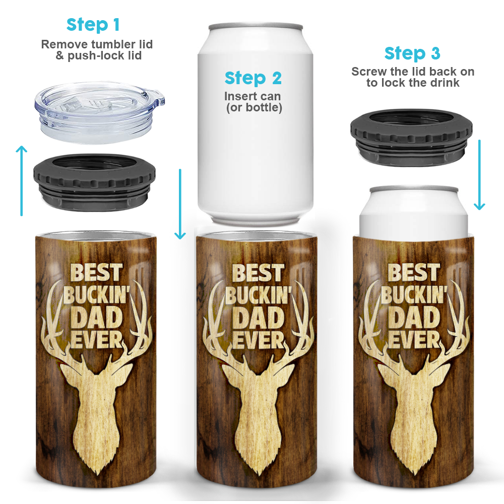 Personalized Dad 4-in-1 Can Cooler - 12oz Insulated Stainless Steel Can Coozie - Best Buckin&#39; Dad Ever - Dark Brown