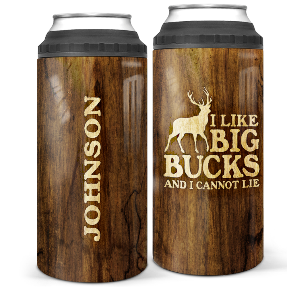 Personalized Dad 4-in-1 Can Cooler - 12oz Insulated Stainless Steel Can Coozie - Birthday Gifts Father&#39;s Day - I Like Big Bucks - Dark Brown