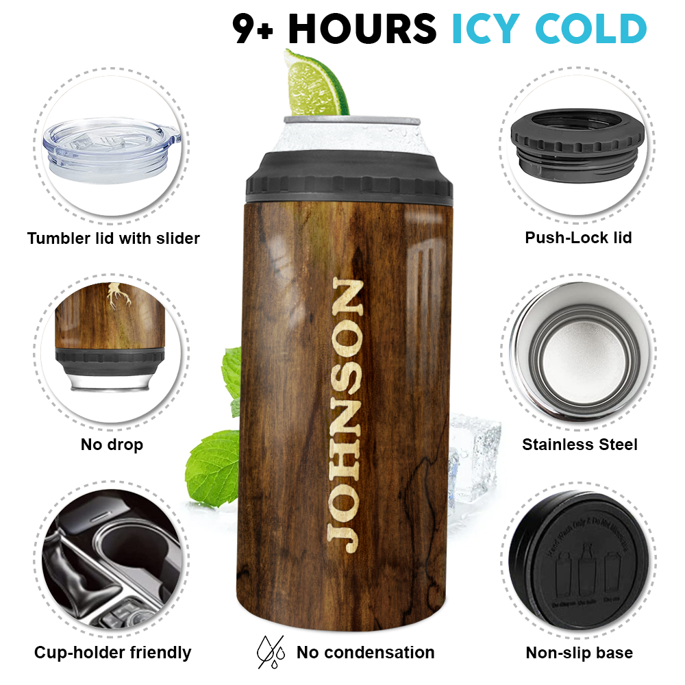 Personalized Dad 4-in-1 Can Cooler - 12oz Insulated Stainless Steel Can Coozie - Birthday Gifts Father&#39;s Day - I Like Big Bucks - Dark Brown