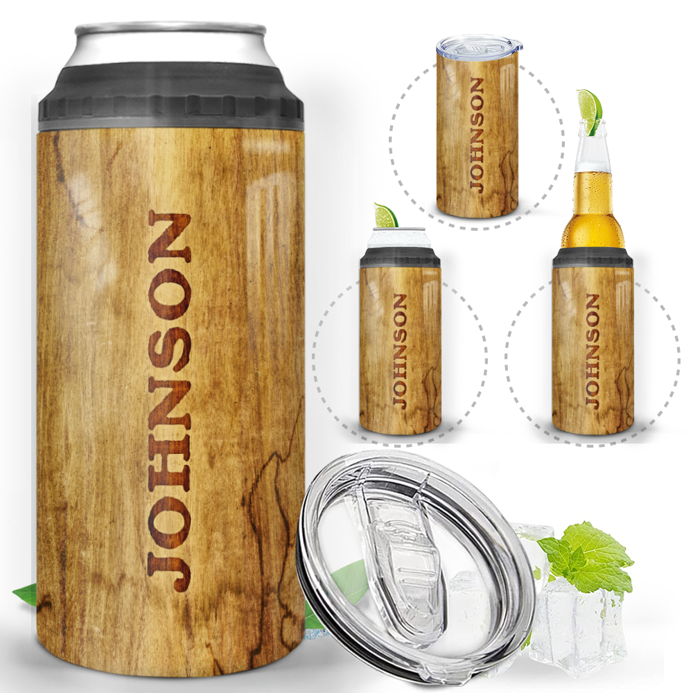 Personalized Dad 4-in-1 Can Cooler - 12oz Insulated Stainless Steel Can Coozie - Birthday Gifts Father&#39;s Day - I Like Big Bucks - Light Brown